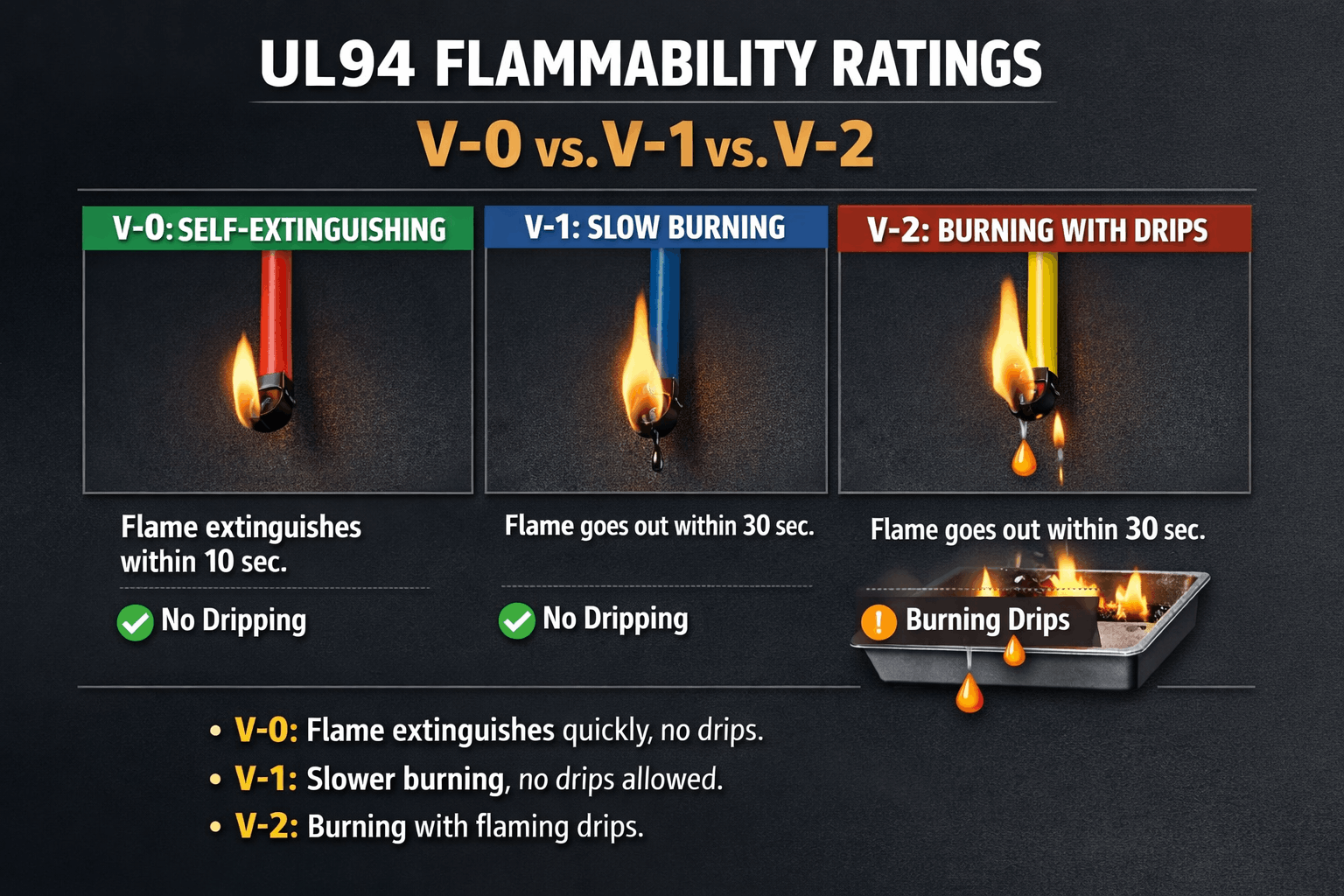 UL94 V-0, V-1 & V-2 Flammability Standards
